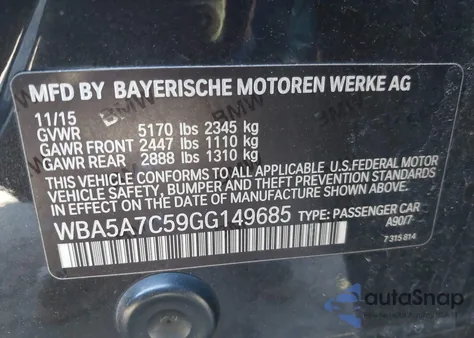 2016 BMW 528I xDrive из США, поврежденный, VIN WBA5A7C59GG149685